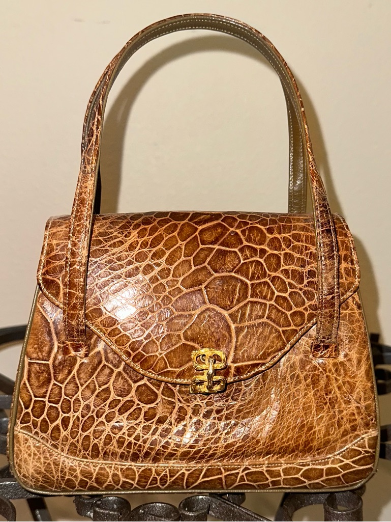 Vintage Lucille De Paris Genuine Exotic Skin Mini Top-Handle Bag Golden Carmel